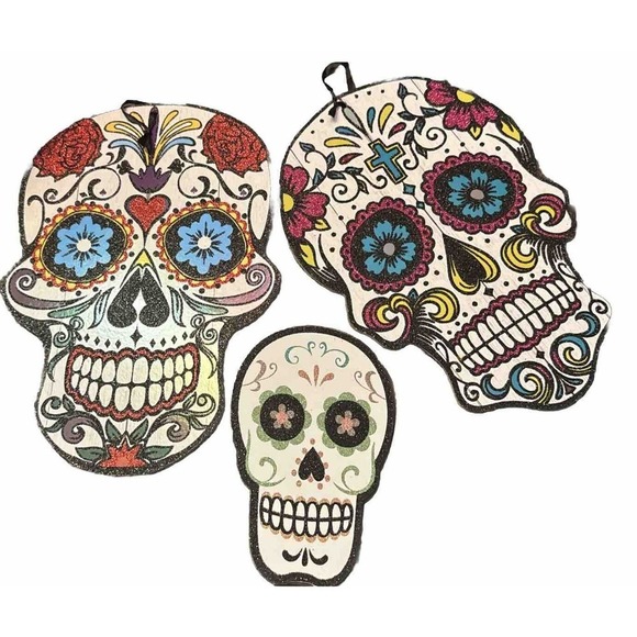 Lot Of 3 Colorful Day Of The Dead, Día De Los‎ Muertos Wall Plaque - Picture 1 of 13